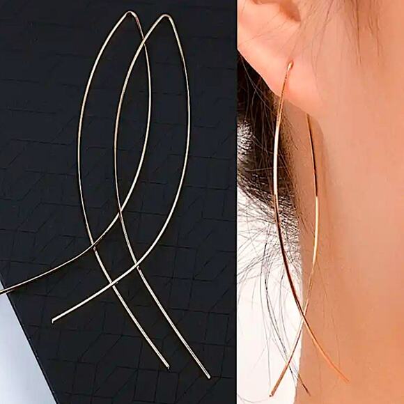 Gold Oval Hoop Threader Earrings, Fish, Punk, Minimalist